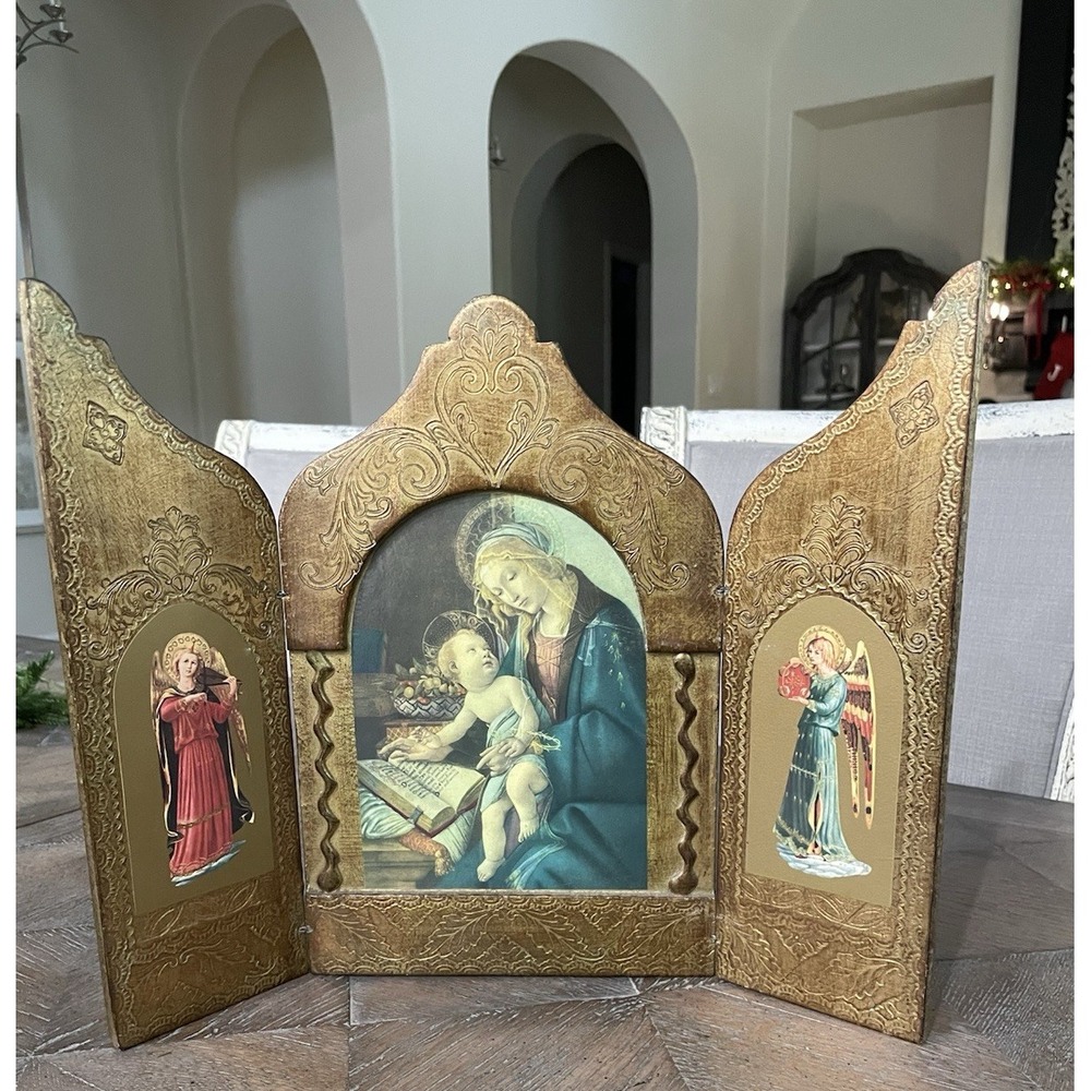 Vtg Lg Gold Madonna of the‎ Book Italian Florentine Wood Triptych Icon 11.75" T